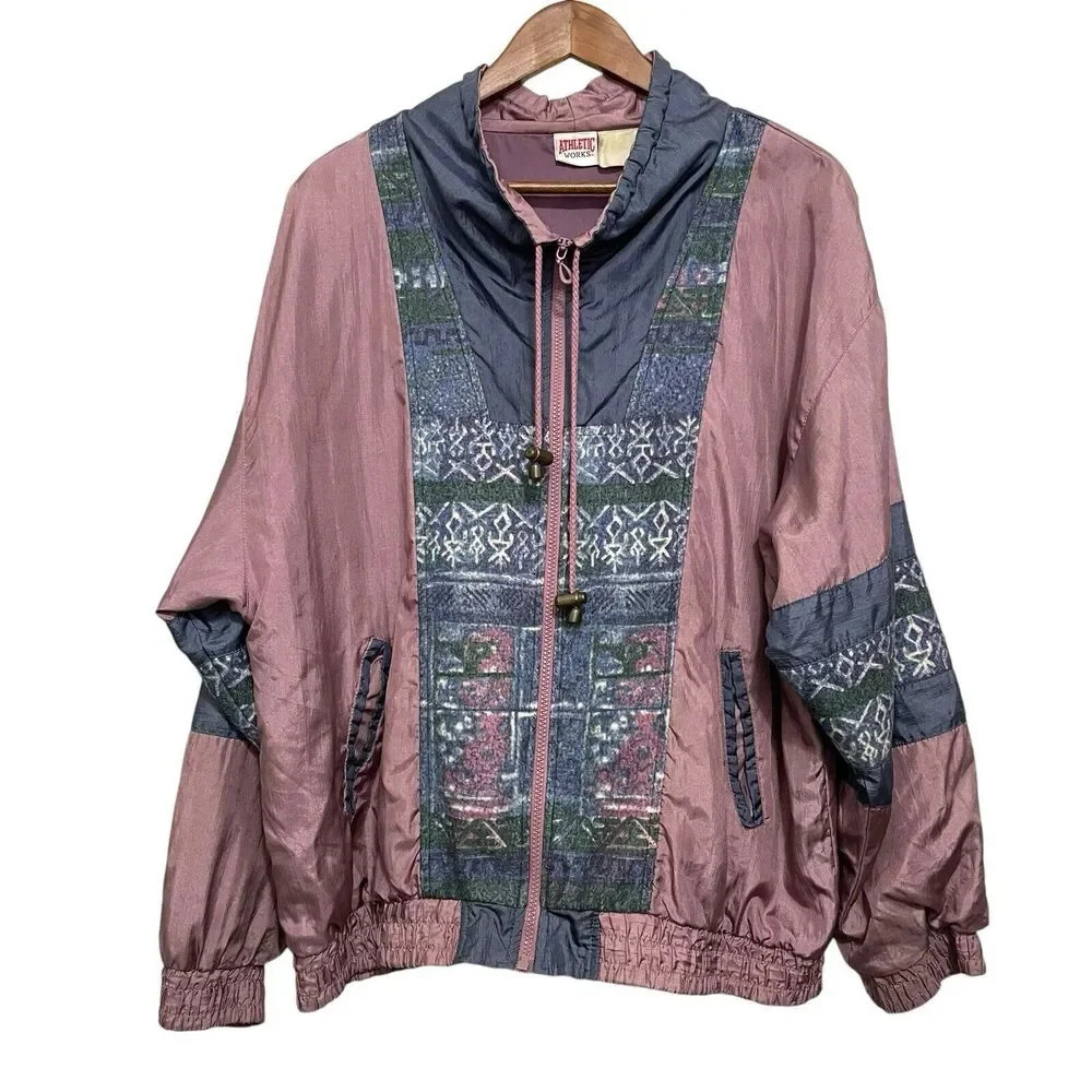 Vintage Athletic Works Women‎ Windbreaker Jacket L Pink Blue 90s Retro Grunge